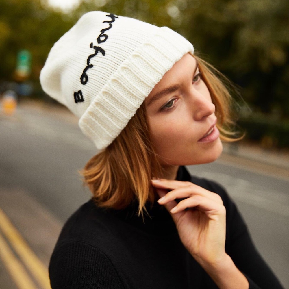 White Knit Bonjour Beanie NWT